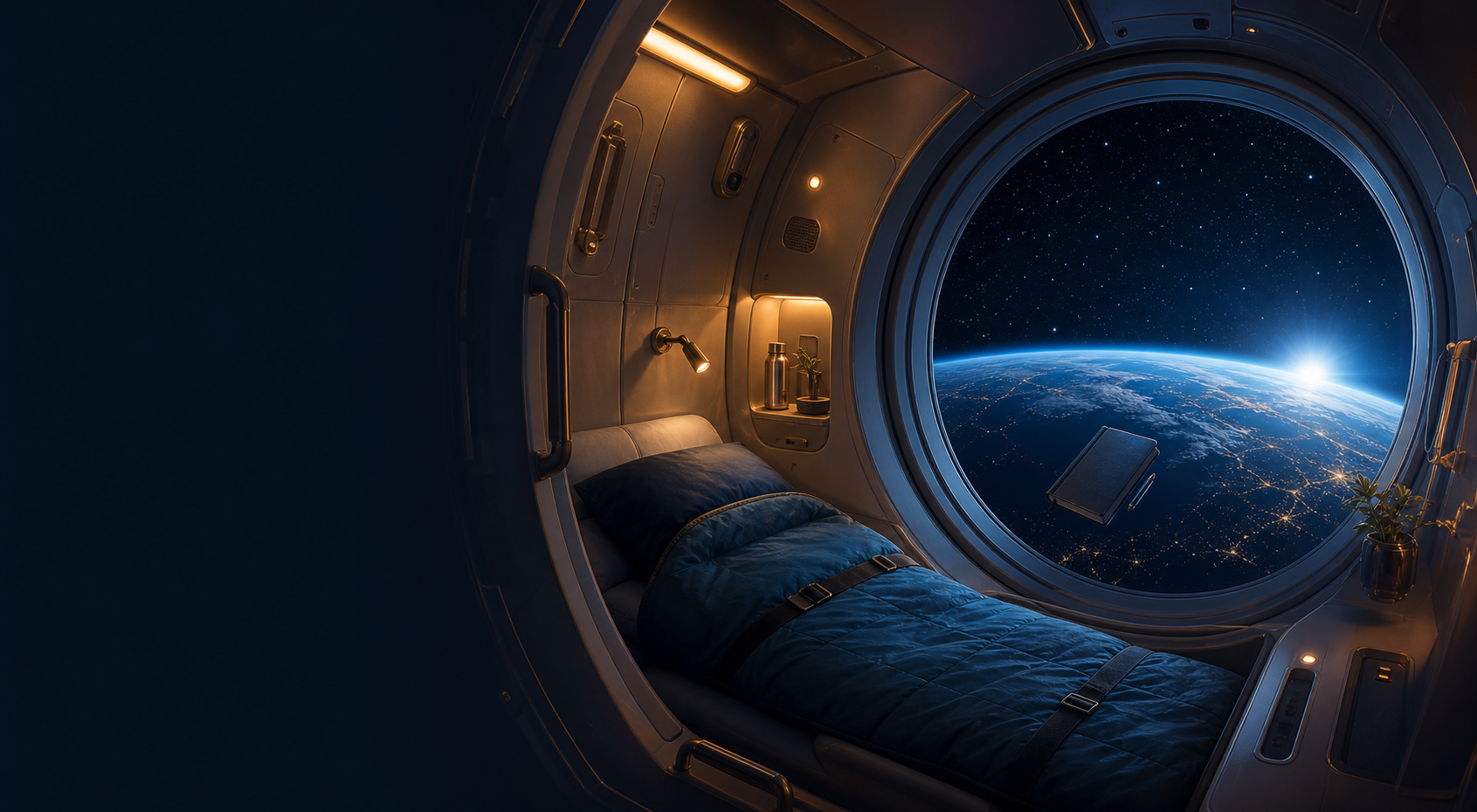 Original illustrated space station sleep pod looking down at Earth