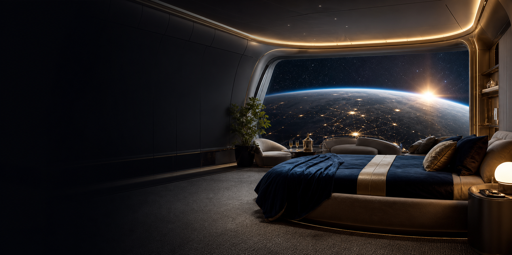 Original luxury orbital suite overlooking Earth from a private space station bedroom